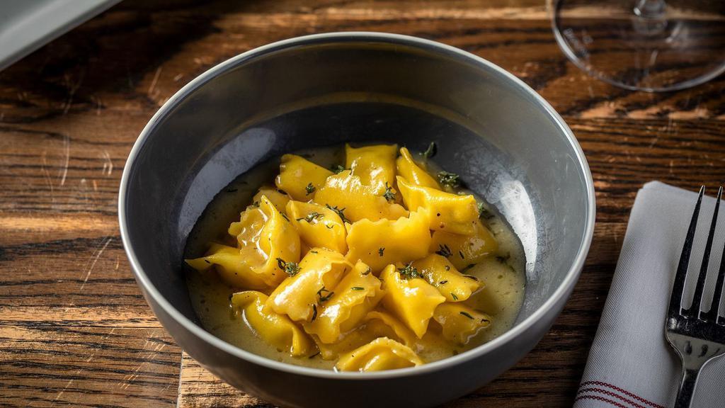 Plin · hand pinched la tur cheese ravioli, thyme, butter, stock