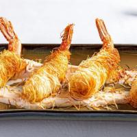 Kataifi Prawns · four prawns wrapped in shredded filo with boukovo pepper aioli