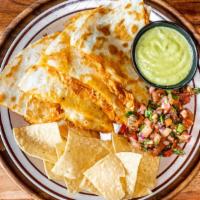 Quesadilla · Large flour tortilla filled with Melty Chihuahua Cheese and your choice of protein. Salsa ch...