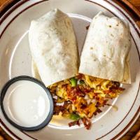 Breakfast Burrito · A large flour tortilla filled with scrambled eggs, fried Andy's potatoes, shredded cheddar c...