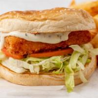 Fish Sandwich W/ Fries · 4oz fillet on a toasted sesame bun with lettuce, tomato, and tartar sauce.  Includes fries.