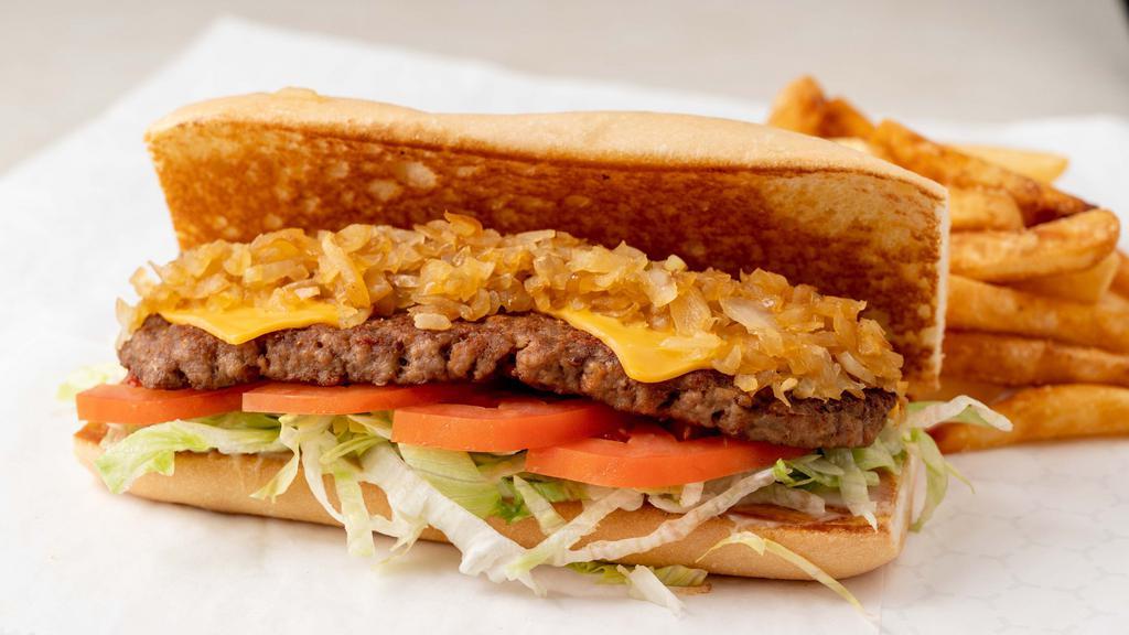 Poorboy Steak Hoagie W/ Fries · On toasted bread, fresh lettuce, tomatoes, grilled onions, mayo and american cheese. Served with our popular seasoned fries!