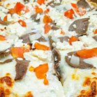 Gyro Pizza Round · Gyro meat, tomatoes, onions, cucumber sauce.