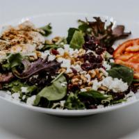 The Goods · Spring mix with fresh tomatoes, dried cranberries, feta cheese, walnuts, and balsamic.