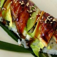 Dragon Roll 龙卷 · Eel, cucumbers, topped with avocado & special eel sauce