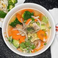 Pho Vegetable · Vegan. Vegetarian. Gluten-Free. Jasmine 26 original clear herbal veggie broth, rice noodles,...