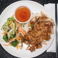 Banh Tam · Vegan, gluten free. Grilled shrimp or chicken, thick round rice noodles, shredded lettuce, c...
