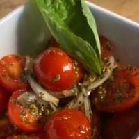 Pomodori · Cherry tomatoes, onions, oregano, fresh basil and evoo.