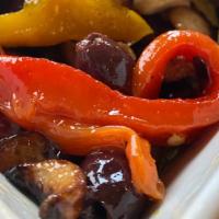 Roasted Bell Pepper Salad · Oven-roasted bell peppers, olives, garlic & EVOO