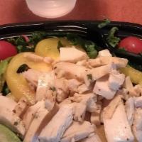 Chicken Caesar Salad · A bed of chopped romaine lettuce topped with grilled chicken, tomatoes, shredded parmesan ch...