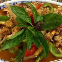 Pud Prig Pow · Slices of chicken, beef or pork sauteed with chili garlic paste, basil leaves, baby corns, b...