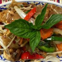 Pud Kee Mow · Drunk man noodles, a bold flavor noodle dish! Choice of chicken, beef, or pork stir fried wi...