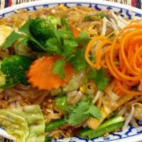 Vegetable Pud Thai · Rice noodles sauteed with eggs, fresh mixed vegetables, roasted peanuts in tamarind sauce.