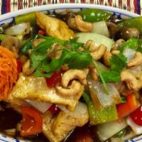 Tofu Cashew Nuts · Deep-fried tofu sauteed with bell peppers, onions, mushrooms, scallions and cashew nuts.