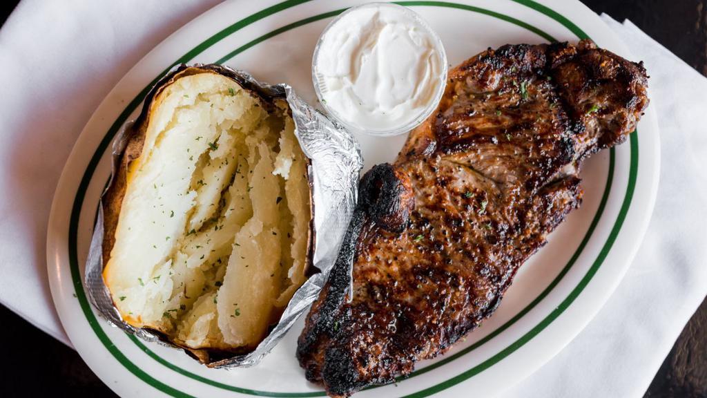 New York Strip Dinner · The first choice of steak lovers! 12 oz tender and full-flavored steak prepared to your liking. Smother your New York strip with grilled onions and mushrooms for an additional cost.