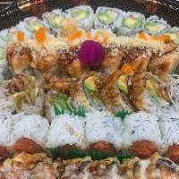 Party Tray A (6 Rolls) · Spicy tuna roll, shrimp tempura roll, two California roll, dynamite roll, crazy roll.