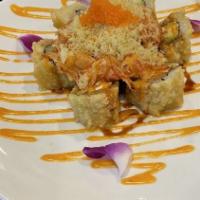 American Roll(Fried) · Inside crab stick, avocado, cream cheese, lightly fried, topped with spicy shrimp, spicy kan...