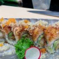 Crazy Roll · Shrimp tempura, avocado, topped with spicy kani, crunch, masago, eel sauce, spicy sauce.