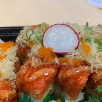 Oh My God Roll · Shrimp tempura and avocado, topped with Spicy tuna, masago, scallion, eel sauce.