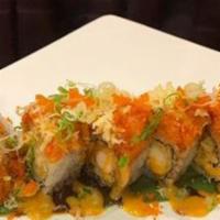 Hawaii Roll (8Pcs) · Shrimp tempura, mango, topped with spicy white tuna, masago, eel and spicy sauce.