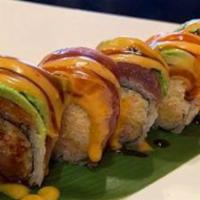 King'S Roll · Tempura crab cucumber, topped with tuna, salmon & avocado, served with spicy mayo & eel sauce.