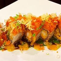 Phoenix Roll (8Pcs) · Shrimp tempura avocado topped with spicy salmon crunch, masago, scallion, eel and spicy sauce.
