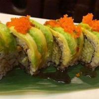 Dragon Roll · Inside eel & cucumber, topped in avocado & masago, served with eel sauce.