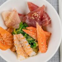 Seafood Sunomono Salad · Mixed seafood. tuna, salmon,  shrimp, crab stick, cucumber, drizzle with ponzu sauce
