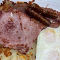 Jacob'S · Eggs (3), bacon (2), sausage (2), ham, hash browns or grits, pancakes, toast & jelly.