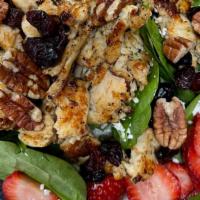 Michigan Salad · Spinach, feta cheese, cranberries, strawberries, blueberries, pecans, and grilled chicken.