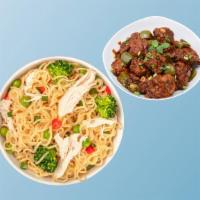 Chicken Noodle Noods & Chicken Manchurian Madness · Noodles stir fried with chicken, mixed vegetables, Indo-Chinese sauces Comes with the side o...