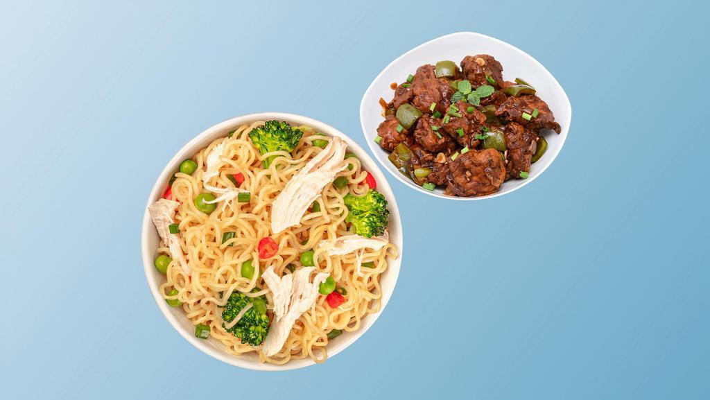 Chicken Noodle Noods & Chicken Manchurian Madness · Noodles stir fried with chicken, mixed vegetables, Indo-Chinese sauces Comes with the side of Chicken morsels, seasoned, batter fried and sauteed with green onions and an Indo-Chinese Manchurian sauce