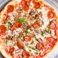 Deluxe · Pepperoni, sausage, mushrooms, green peppers, onions, ham and mozzarella.