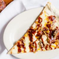 Bbq Chicken · Sweet baby ray's BBQ sauce, roasted chicken, Cheddar and mozzarella.