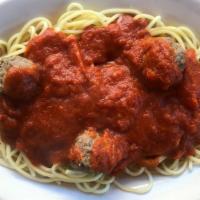 Spaghetti & Meatballs · Imported spaghetti topped with three delicious meatballs and marinara.