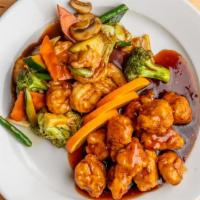 Dragon & Phoenix · Two in one dish, General Tso's chicken and shrimp with mixed vegetable.(Spicy)