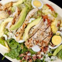Cobb Salad · Iceberg and romaine lettuce, chicken breast, tomato, egg, avocado, bleu cheese crumbles and ...
