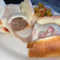 Meatball Sandwich · Our homemade meatballs served on French bread with marinara sauce, mozzarella cheese and gia...