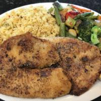 Tilapia Platter · 2pcs  grilled Tilapia. Served with pita bread  or garlic bread. Choice of soup, salad, coles...