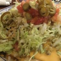 Nacho Plate · Our homemade tortilla chips piled high with meat, nacho cheese, shredded lettuce, diced toma...
