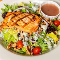 Michigan Salmon Salad · Fresh greens topped with grilled salmon, bleu cheese crumbles, walnuts, dried cherries red o...