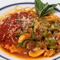 Chicken Cacciatora · Chicken breast sautéed with onions, bell peppers, and mushrooms in white wine marinara sauce.