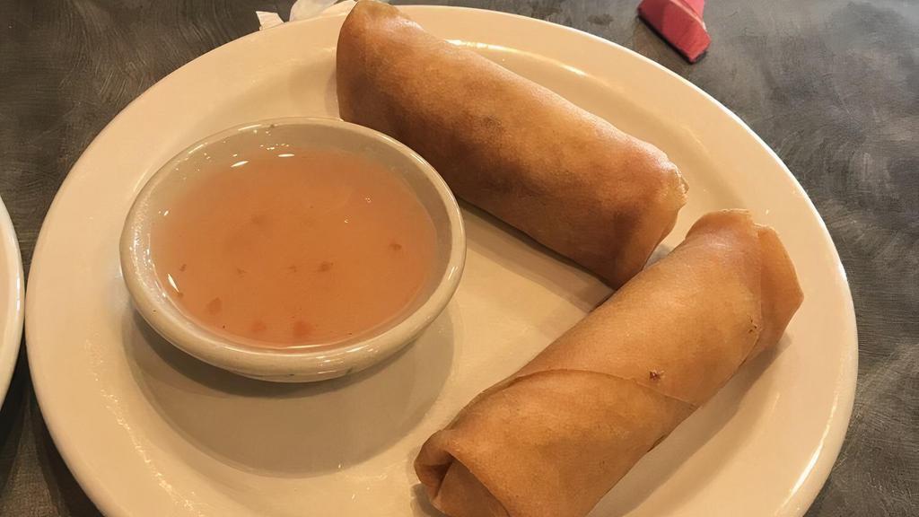 Vegetarian Spring Rolls · 2 pieces. Cabbage, celery, carrot, onions, bean threads noodle, wrapped in rice paper and deep fried. Served with house plum sauce.