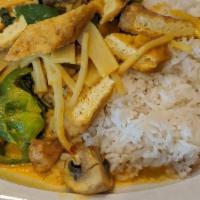 Gang Gai · Hot
  


(Red Curry) Sauteed with meat of your choice, with bell pepper, mushroom, bamboo sh...