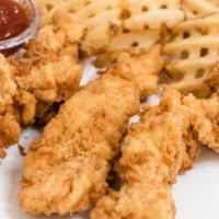 Hand Battered Chicken Tenders · Entree comes with choice of one side and beverage