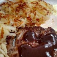 Eggs (3) · With a new york strip steak with hash browns or fruit cup and toast.