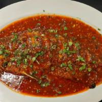 Sichuan Chili Bean Sauce Barramundi 四川豆瓣鱼 · Spicy.  Whole fish.