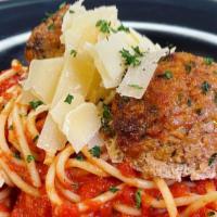Spaghetti Imperial · With two house-made meatballs, fresh marinara, shaved parmesan.