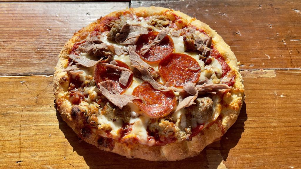 Meat Lovers · Pepperoni, Italian Sausage, Beef, Bacon, and Pulled Pork over our Signature Pizza Sauce. Topped with Melted Mozzarella, Provolone and Muenster Cheeses.