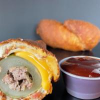 Burger Dill Dough · Cored Dill pickle stuffed with a cheeseburger, rolled in a bacon, and American cheese infuse...